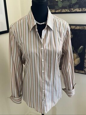 Tommy Bahamas Classic Women's Striped Button-Down Shirt in Taupe and White